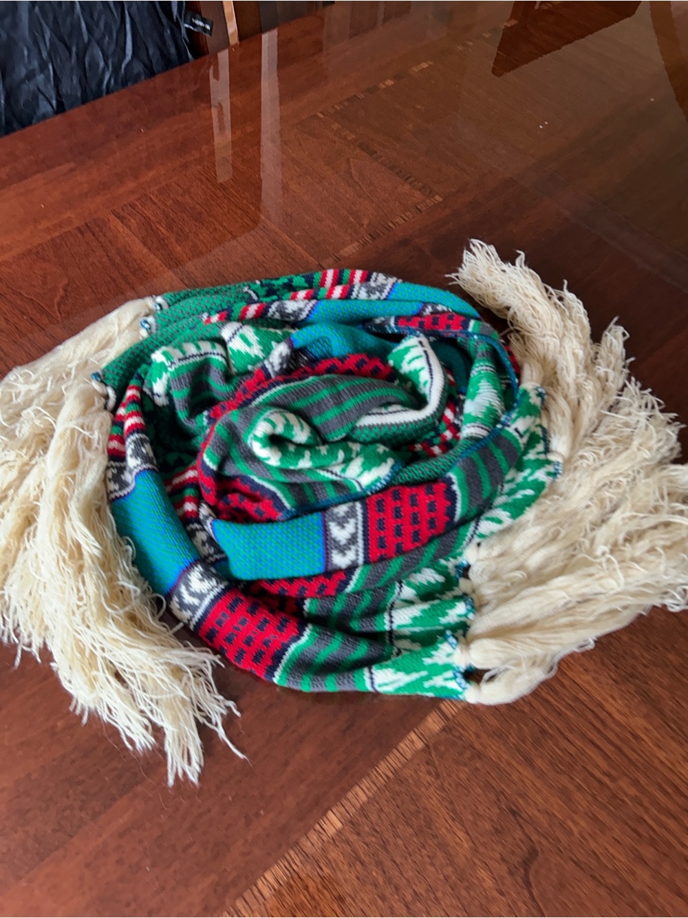 Striped Knit Fringe Scarf in Green, Turquoise & Red 14” x 77” probably wool - Picture 5 of 8